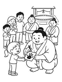 Free printable Sumo Wrestler Giving Autograph To Girl coloring page
