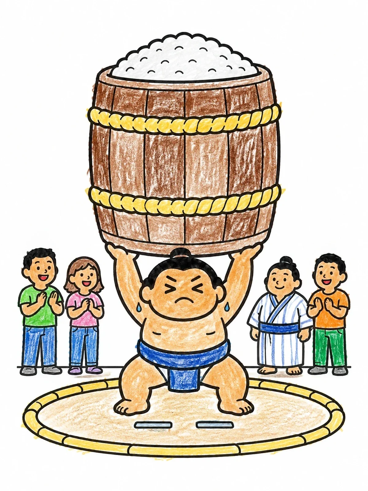 Colored example of the Sumo Wrestler Lifting Rice Barrel coloring page