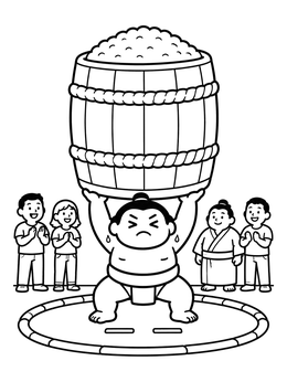 Free printable Sumo Wrestler Lifting Rice Barrel coloring page