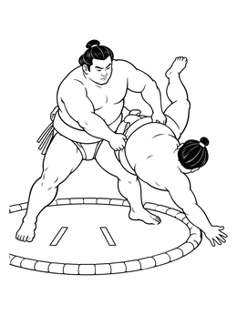 Two rikishi in an exciting match on this sumo wrestling coloring page.