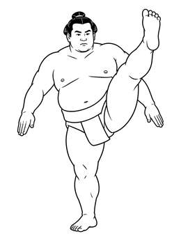 A sumo wrestling coloring page showing a rikishi holding one leg high in the air during the ritual.