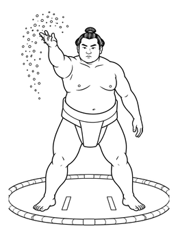 A sumo wrestling coloring page showing a rikishi throwing salt inside the ring before a match.
