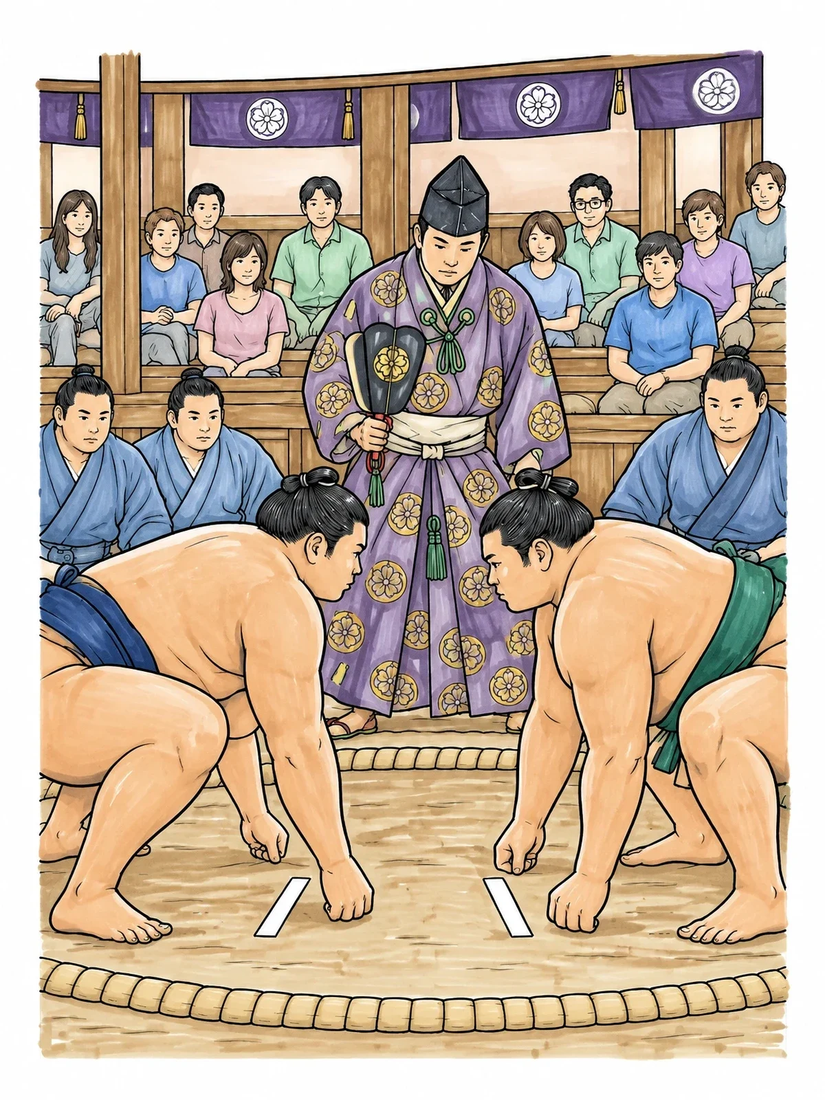 Colored example of the Sumo Wrestlers And Referee In The Ring coloring page