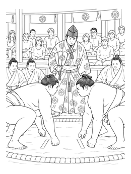 A gyoji referee watches two rikishi face off in this detailed sumo wrestling coloring page.