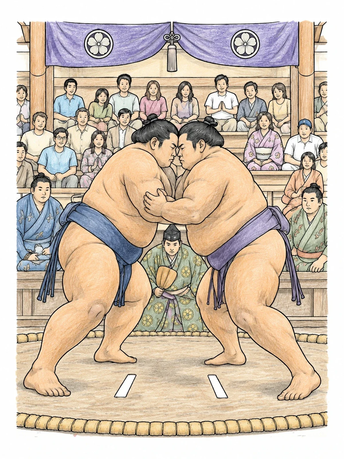 Colored example of the Sumo Match Clash In Dohyo coloring page