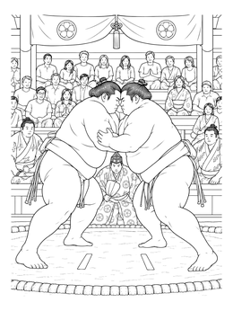 A detailed sumo wrestling coloring page showing two rikishi clashing in front of a referee and audience.
