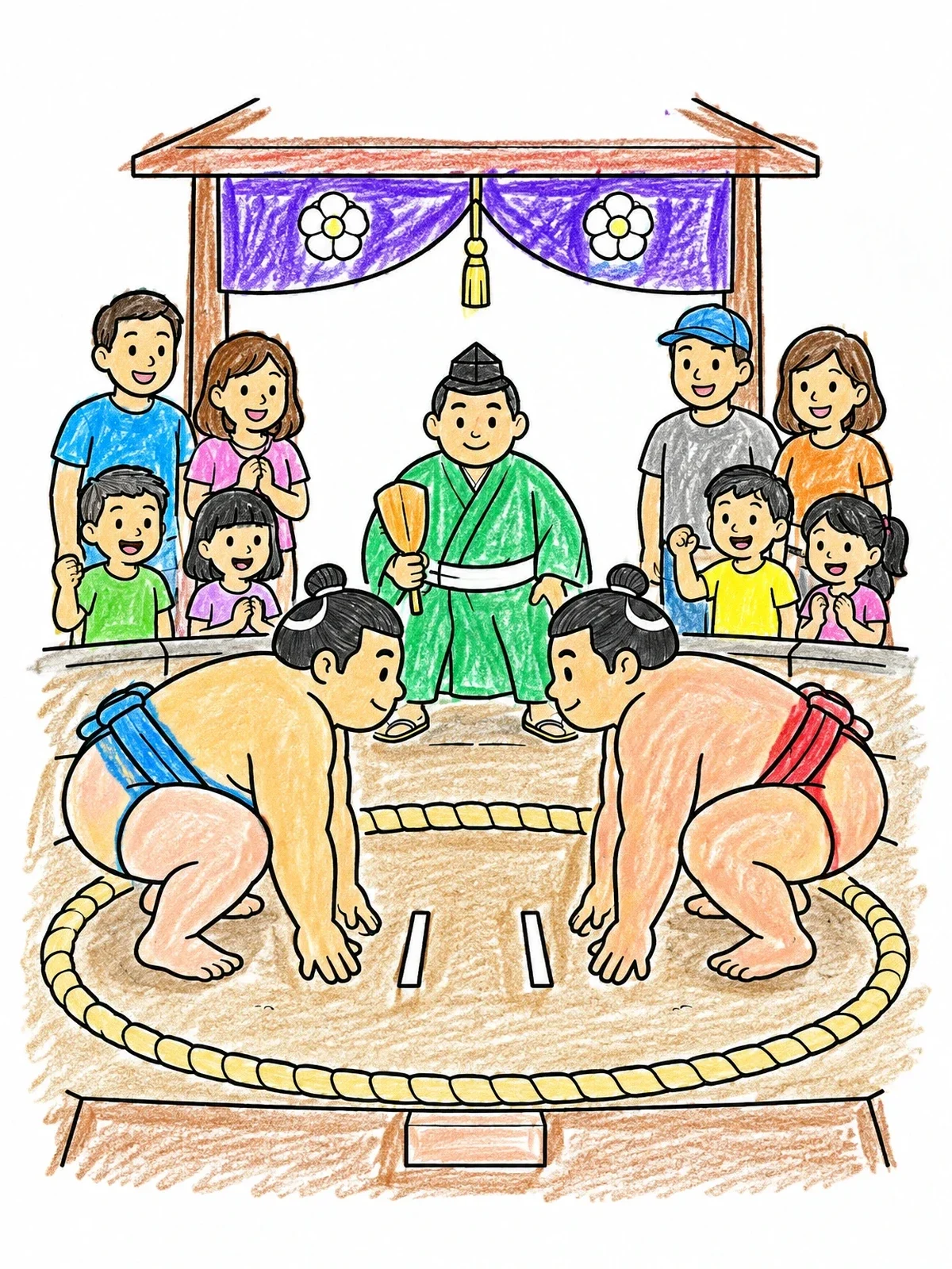 Colored example of the Sumo Wrestlers Ready To Bout coloring page