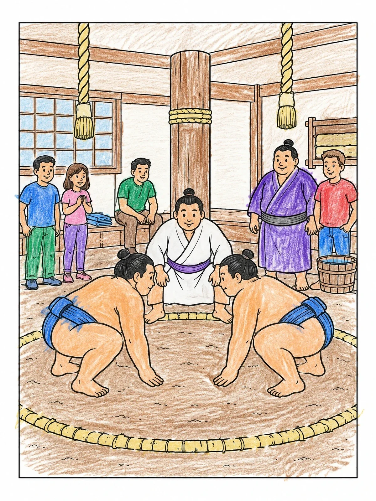Colored example of the Sumo Wrestlers Training In Stable coloring page