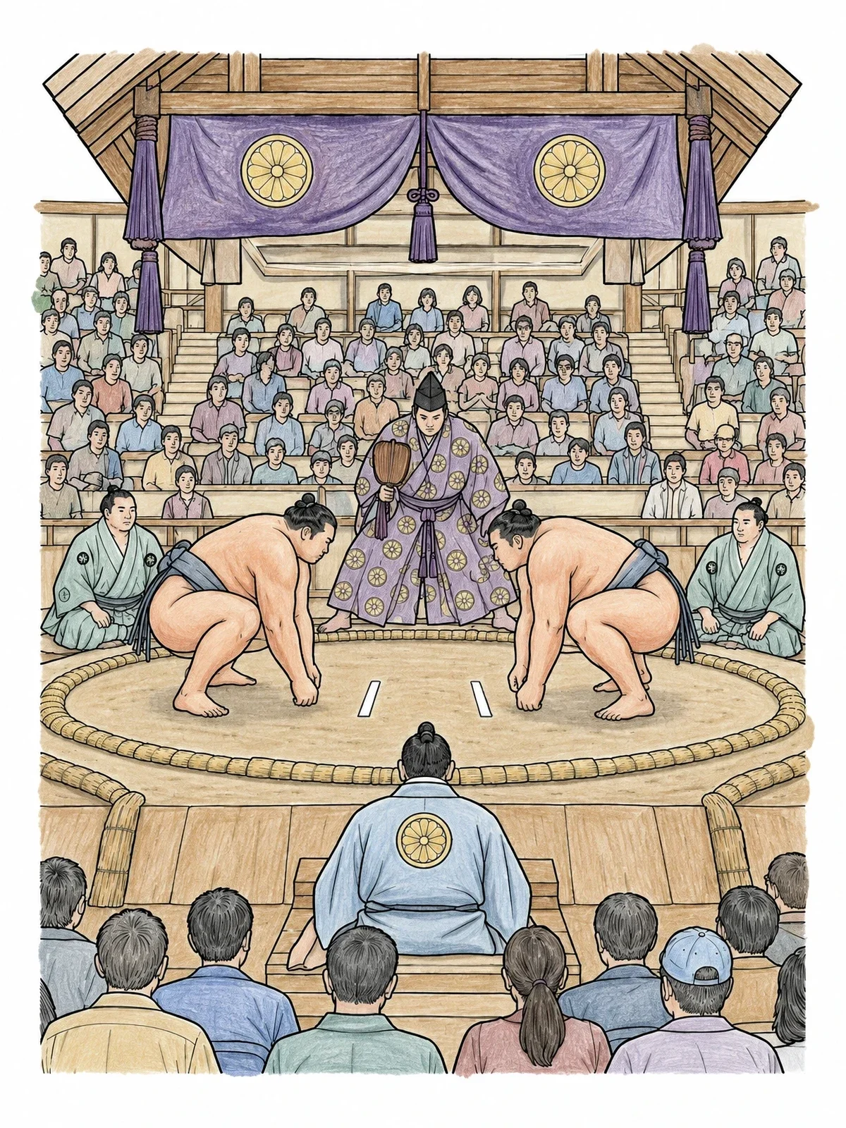 Colored example of the Sumo Wrestlers In The Dohyo Ring coloring page
