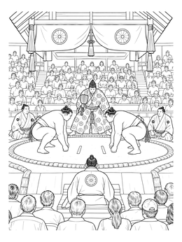A detailed sumo wrestling coloring page showing two rikishi facing off in the ring before a crowd.