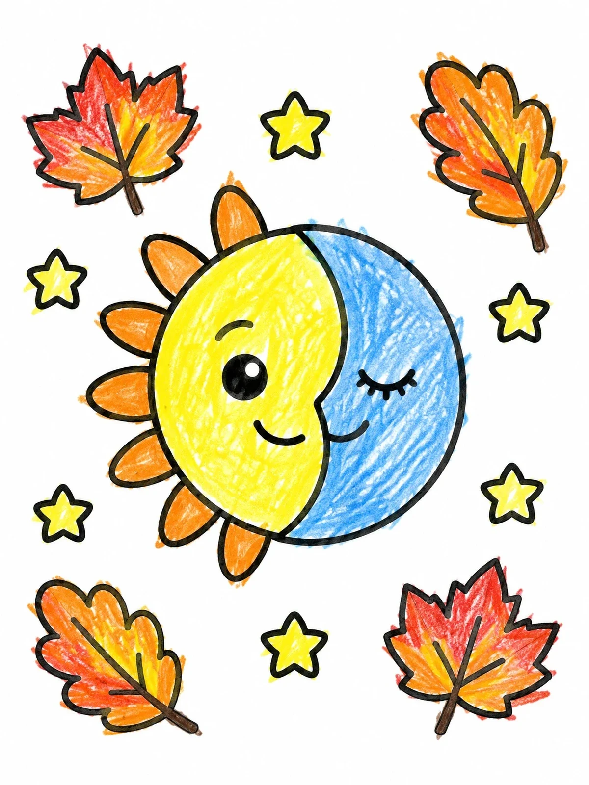 Colored example of the Sun And Moon Autumn Equinox coloring page