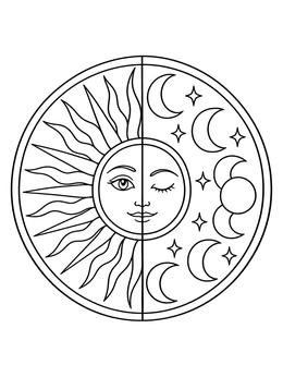 Celestial emblem on a sun and moon coloring page split between fiery rays and starry night phases.