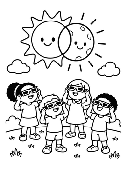 Kids wearing safety glasses in this sun and moon coloring page as an eclipse happens.
