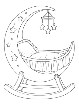 A crescent moon baby cradle with a star mobile features on this sun and moon coloring page.