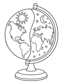 A desk globe split into day and night on this sun and moon coloring page.