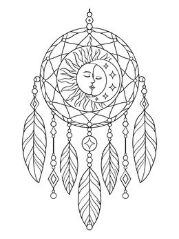 A detailed sun and moon coloring page featuring an intricate dreamcatcher with hanging feathers.