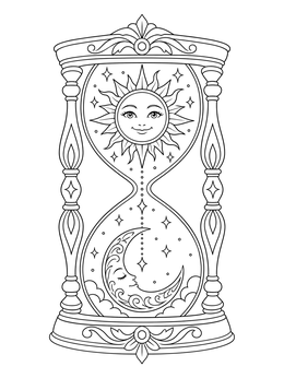 An ornate sun and moon coloring page featuring a smiling sun and sleeping crescent moon inside an hourglass.