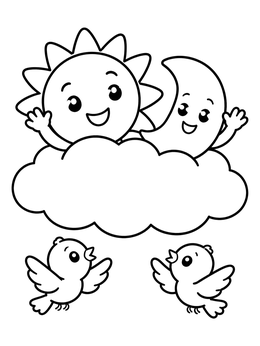 Free printable Sun And Moon Waving From A Cloud coloring page