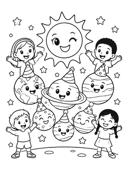 A smiling sun winking at cute planets and kids at a party on this space coloring page.