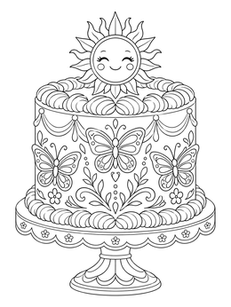 A cheerful cake coloring page featuring piped butterflies and a smiling sun topper on a stand.