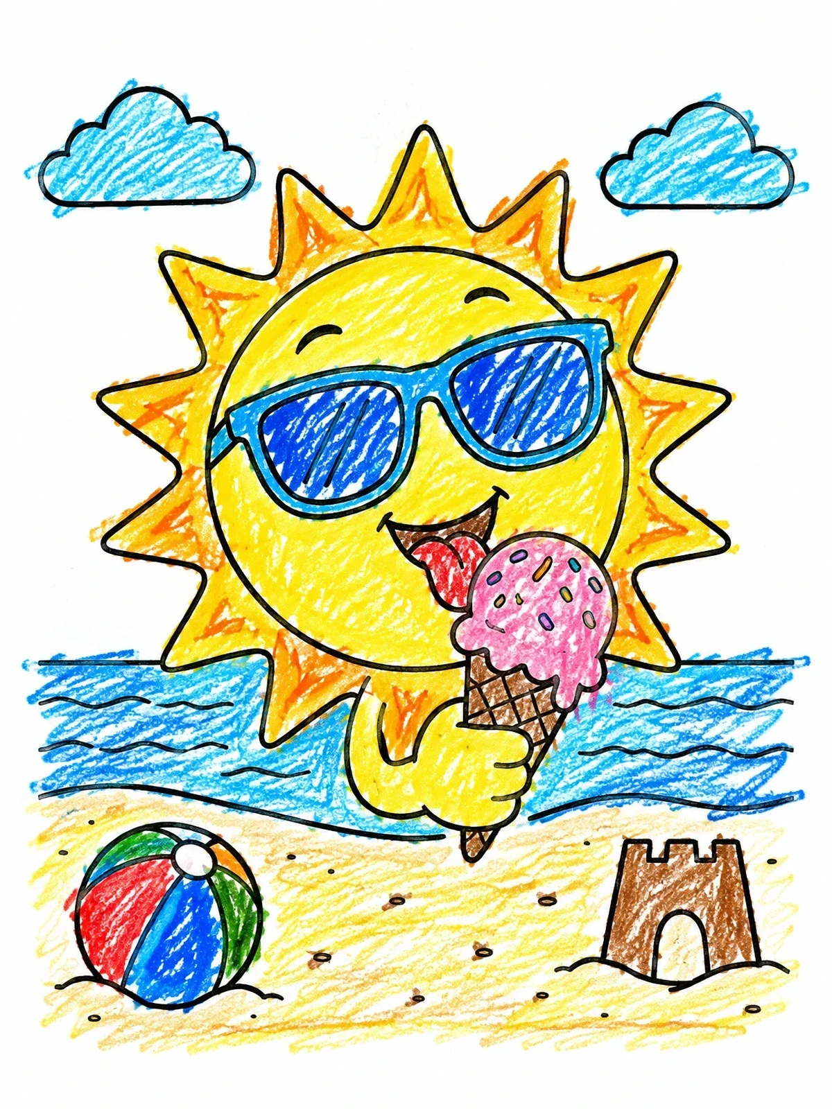 Colored example of the Sun Eating Ice Cream At The Beach coloring page