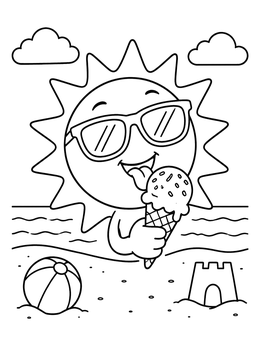 A cheerful cartoon sun eating ice cream on this fun sun coloring page.
