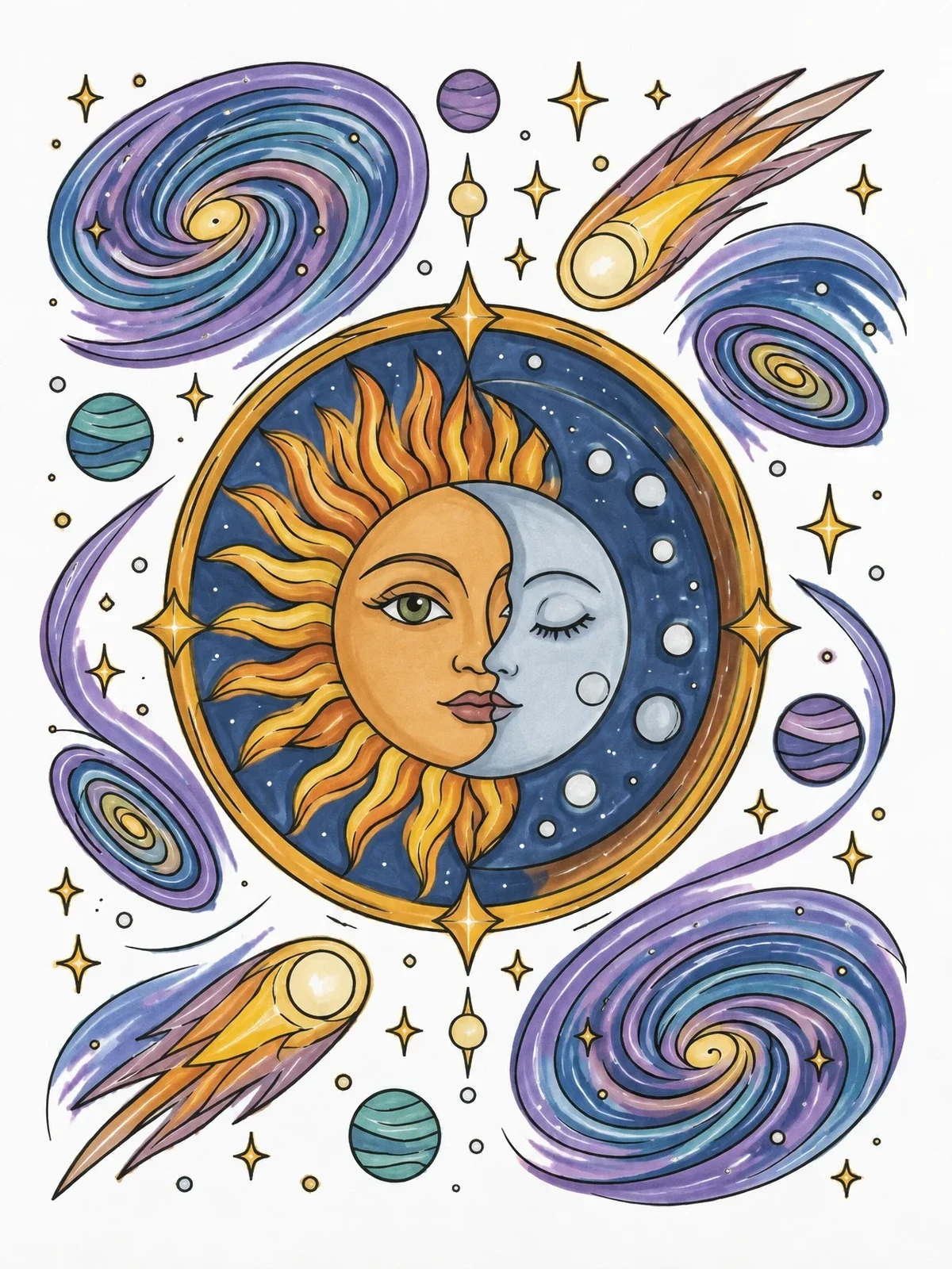 Colored example of the Sun And Moon Celestial Medallion coloring page