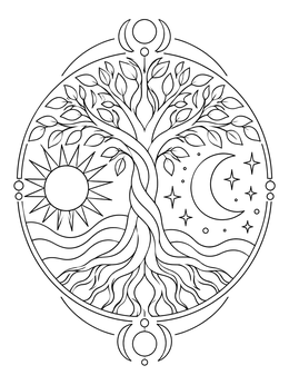 A celestial tree of life coloring page featuring sun, crescent moon, and stars in a circular frame.