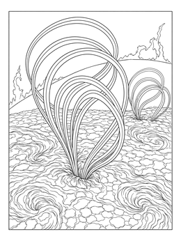 Detailed sun coloring page showing swirling plasma and magnetic loops on the solar surface.