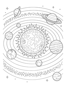 A detailed sun coloring page surrounded by orbiting planets, asteroid belts, and stars.
