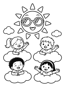 Free printable Sun In Sunglasses And Happy Children coloring page
