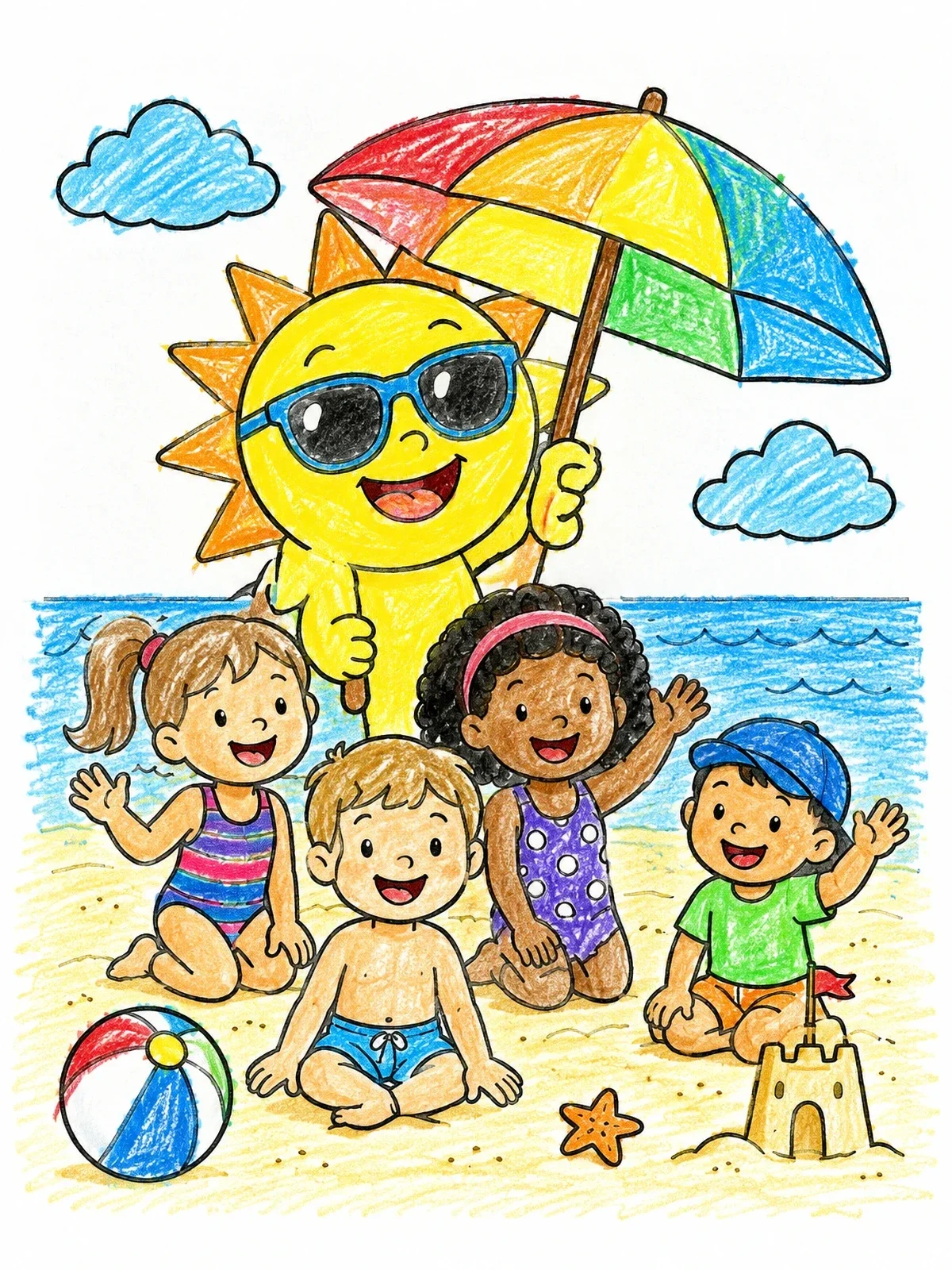 Colored example of the Sun Holding Umbrella Over Beach Kids coloring page