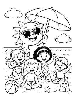 A happy sun coloring page with children playing on a sunny beach.