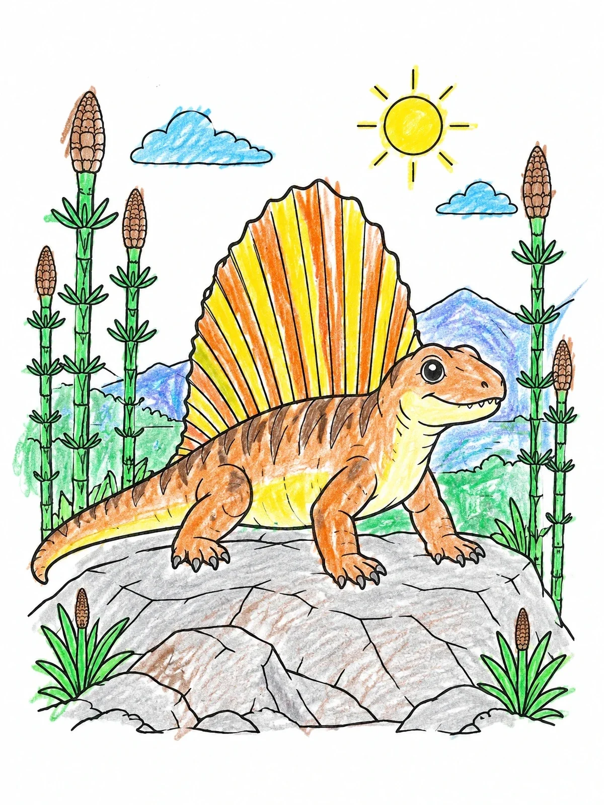Colored example of the Sunbathing Dimetrodon On A Rock coloring page