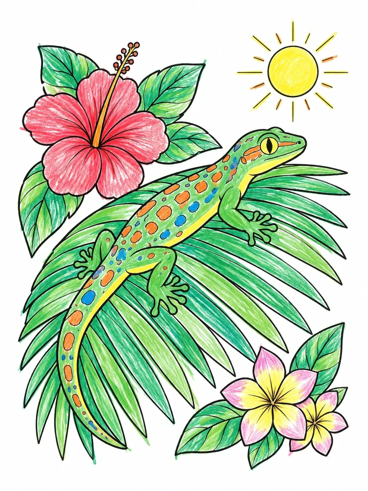 Colored example of the Sunbathing Gecko On Palm Leaf coloring page