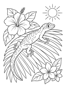 A spotted gecko resting on a palm leaf with tropical flowers in this gecko coloring page.