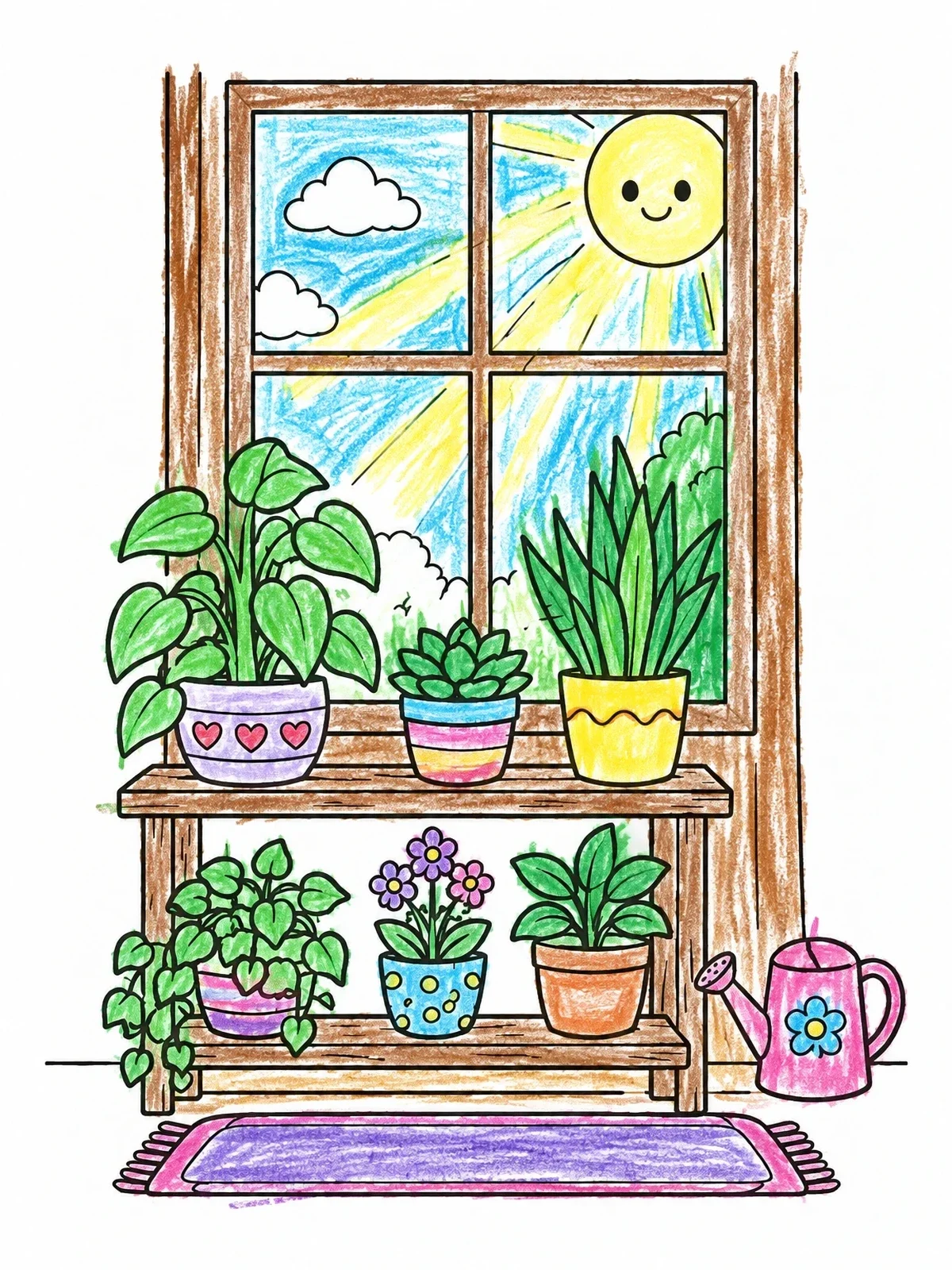 Colored example of the Sunny Window Plant Shelf coloring page