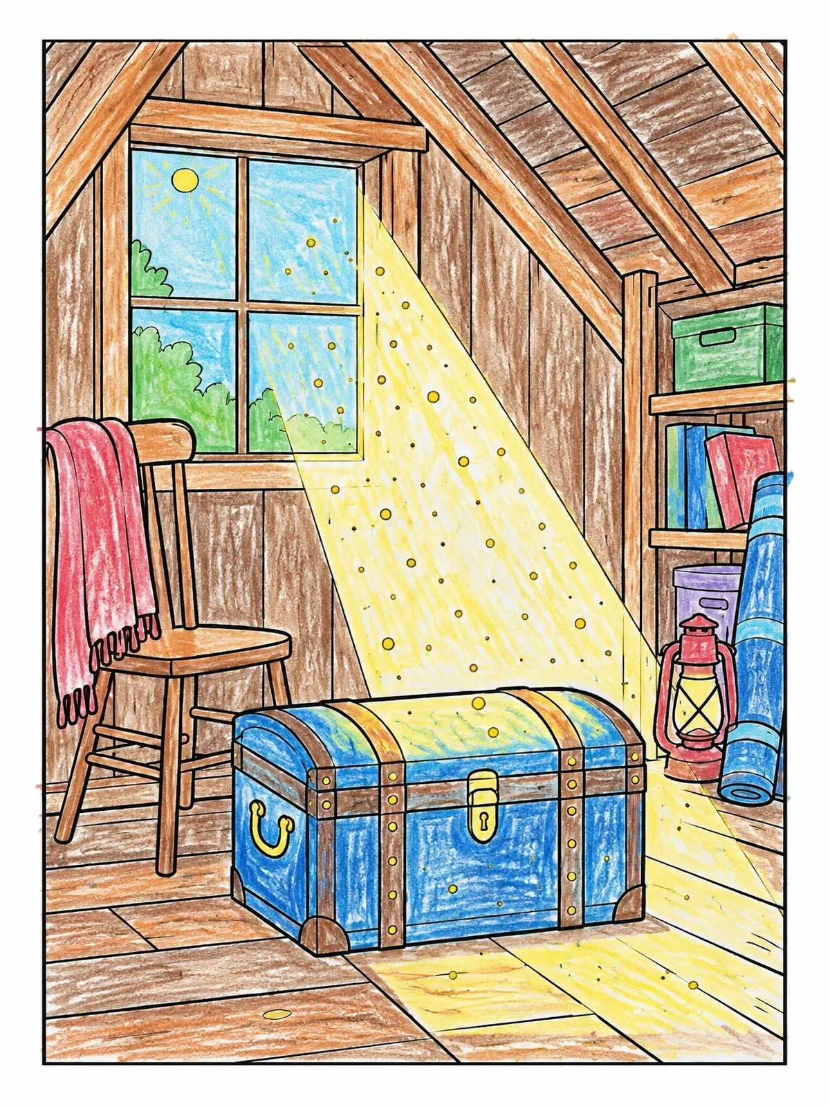 Colored example of the Sunbeam Through Attic Window coloring page