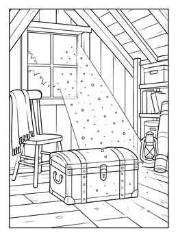 A sunbeam coloring page depicting sunlight streaming through an attic window onto a wooden chest.