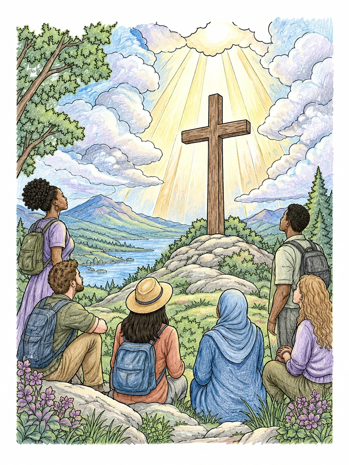 Colored example of the Sunbeams Shining Behind A Hillside Cross coloring page