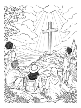 A group gathers before a cross in this sunbeam coloring page.