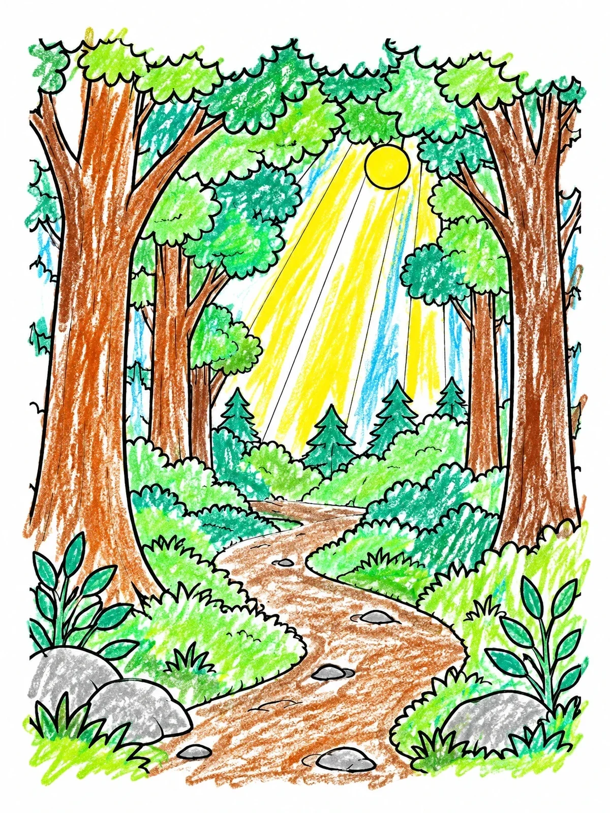 Colored example of the Sunbeams Over Forest Trail coloring page