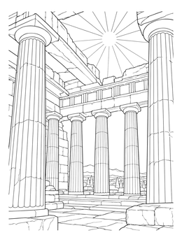A sunburst shines over ancient ruins in this detailed parthenon coloring page.