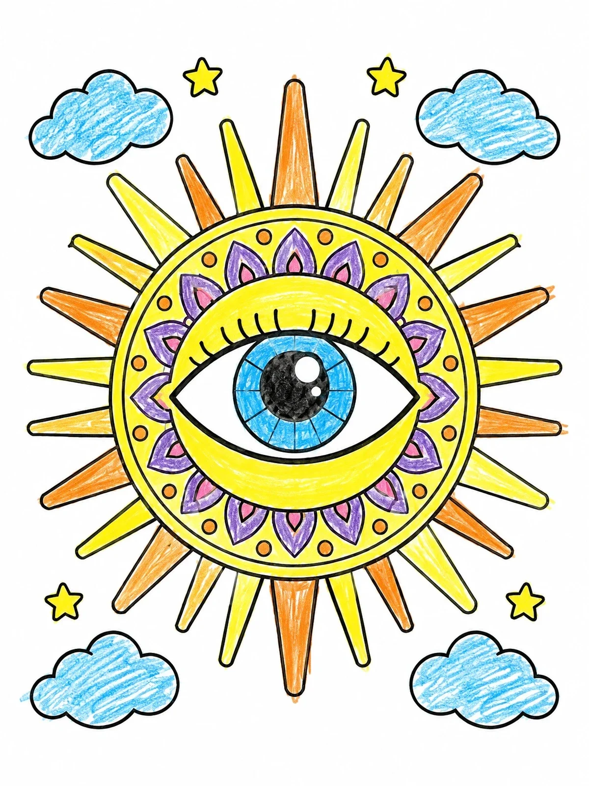 Colored example of the Sunburst Evil Eye Amulet coloring page
