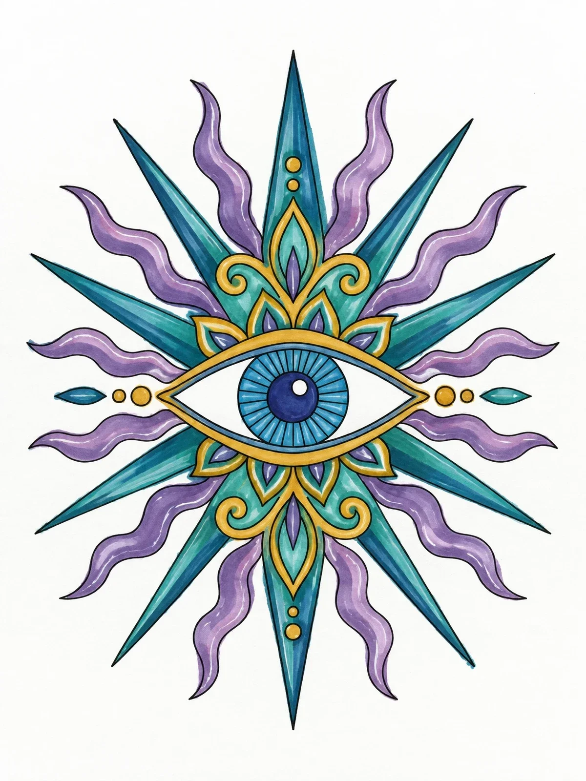 Colored example of the Sunburst Evil Eye Amulet coloring page