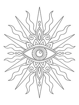 Mystical evil eye coloring page surrounded by radiant sunbeams and floral details.