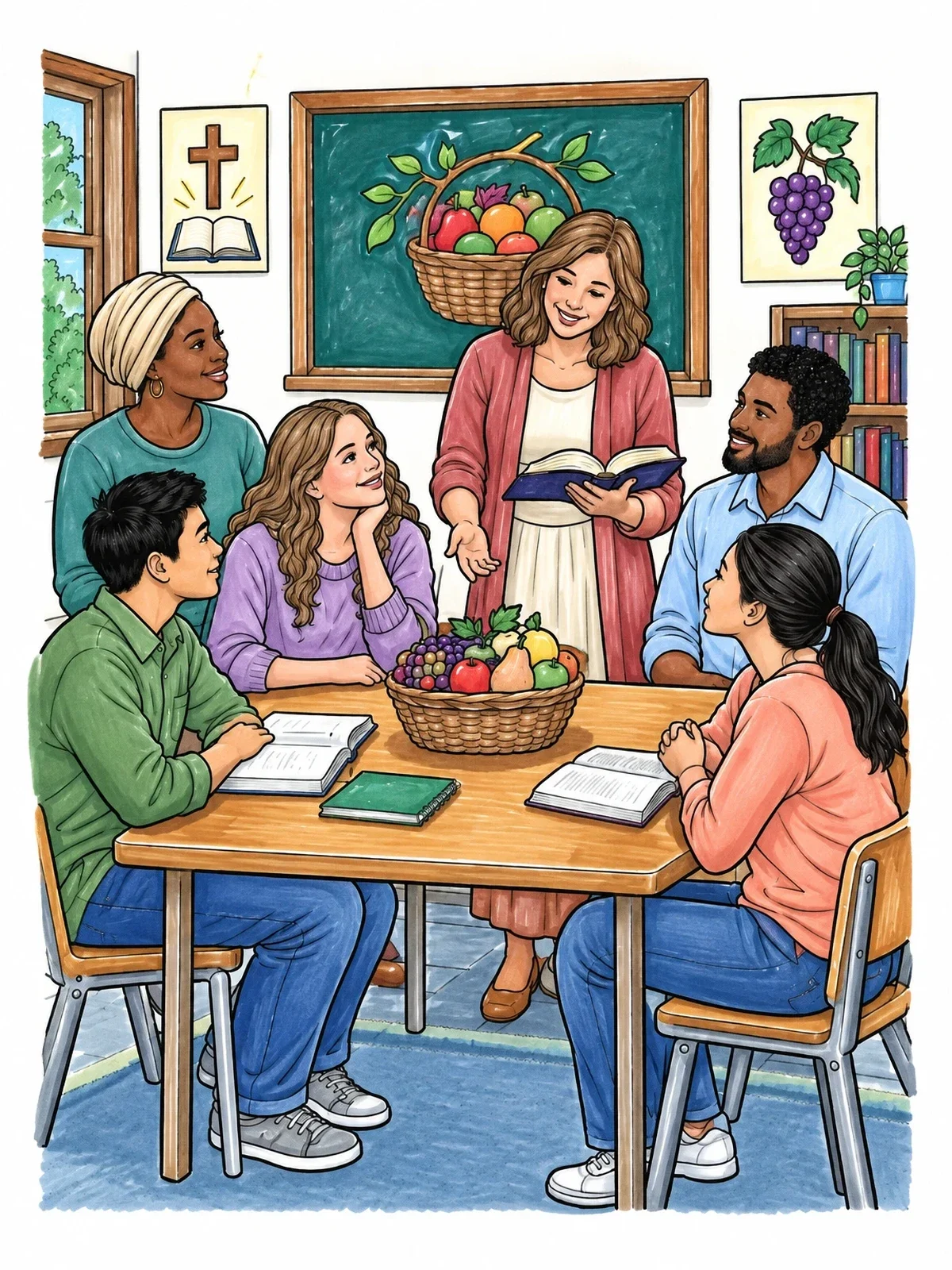 Colored example of the Sunday School Fruit Of The Spirit Discussion coloring page