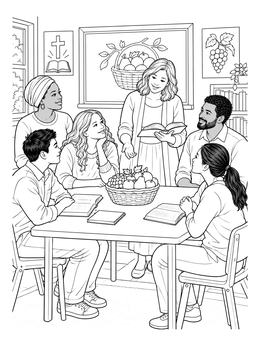 A group gathers for a fruit of the spirit coloring page study session around a table with a fruit basket.