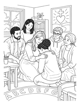 A supportive forgiveness coloring page showing a group comforting someone in a classroom.