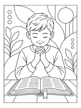 A peaceful sunday school thanksgiving coloring page showing a boy praying before an open Bible.